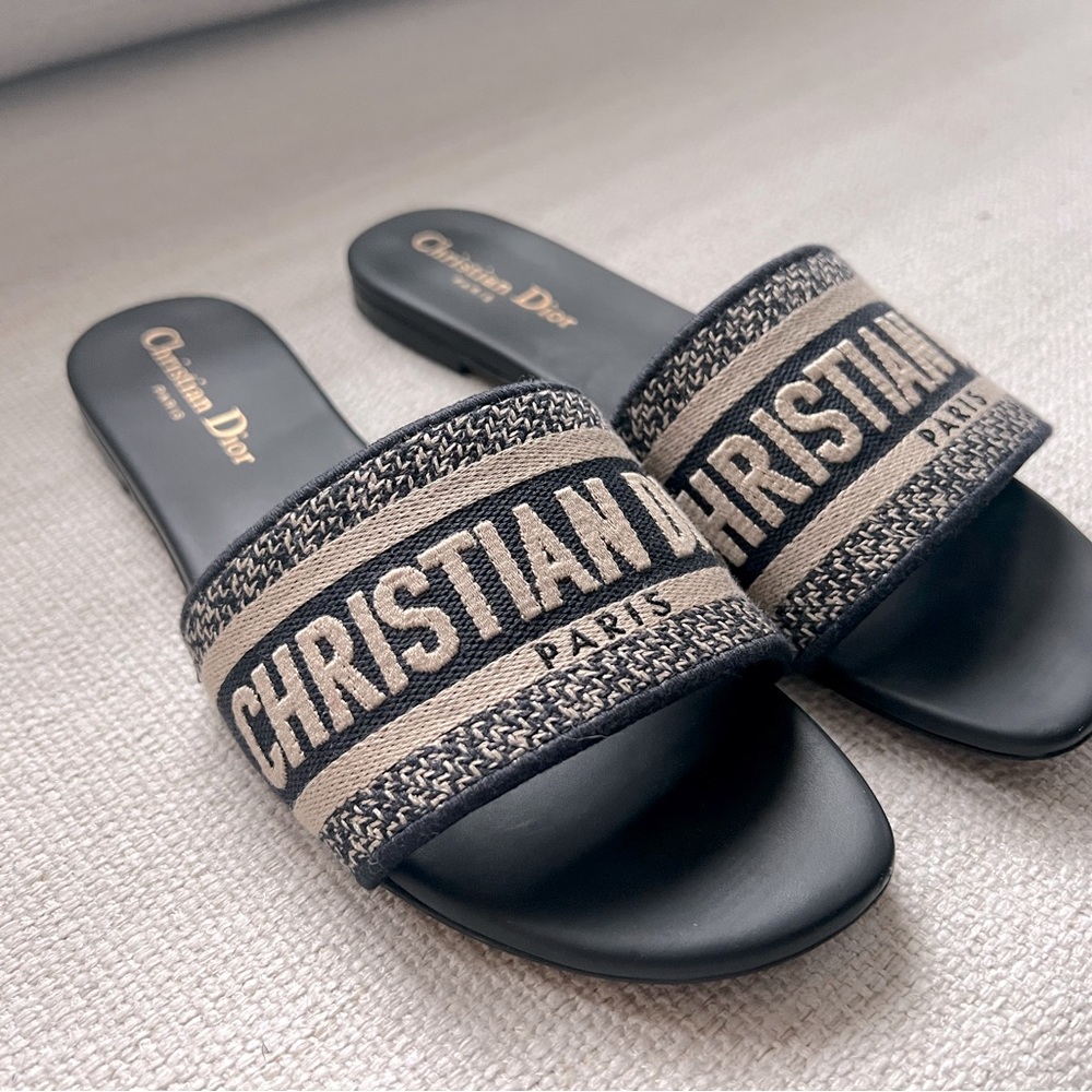 Christian Dior Canvas Embroidered Dway Mules Slide Sandals 37.5 Deep Blue